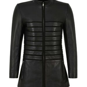 Women Long Biker Sheepskin Leather Jacket in Black