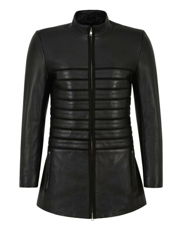Women's Long Biker Sheepskin Leather Jacket in Black