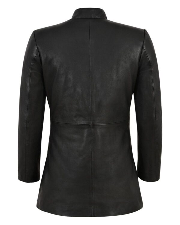 Women's Long Biker Sheepskin Leather Jacket in Black - Image 4