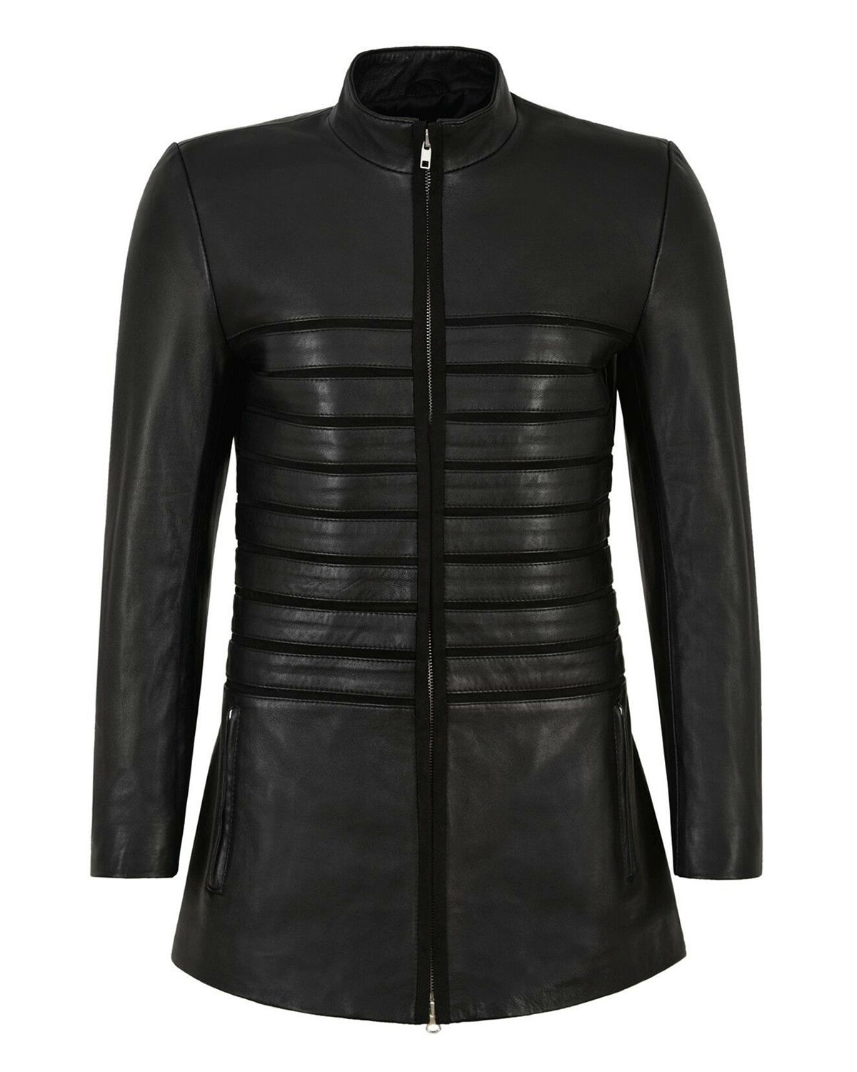 Women’s Long Biker Sheepskin Leather Jacket in Black