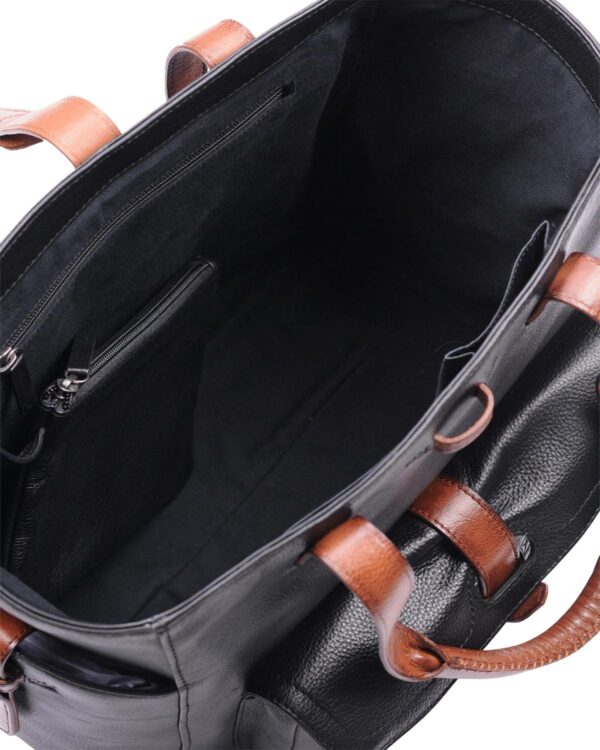 Women's Large Front Pocket Black Real Leather Handbag by BUNERI - Image 3