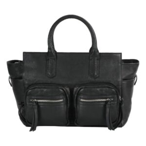 Women Black Two Front Pocket Real Leather Bag by BUNERI