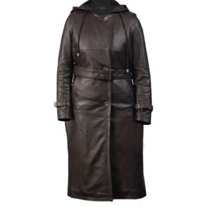 Women Long Natural Leather Trench Coat Black