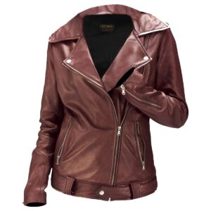 Women Classic Biker Sheepskin Leather Jacket in Maroon