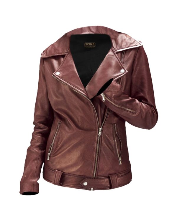 Women's Classic Biker Sheepskin Leather Jacket in Maroon