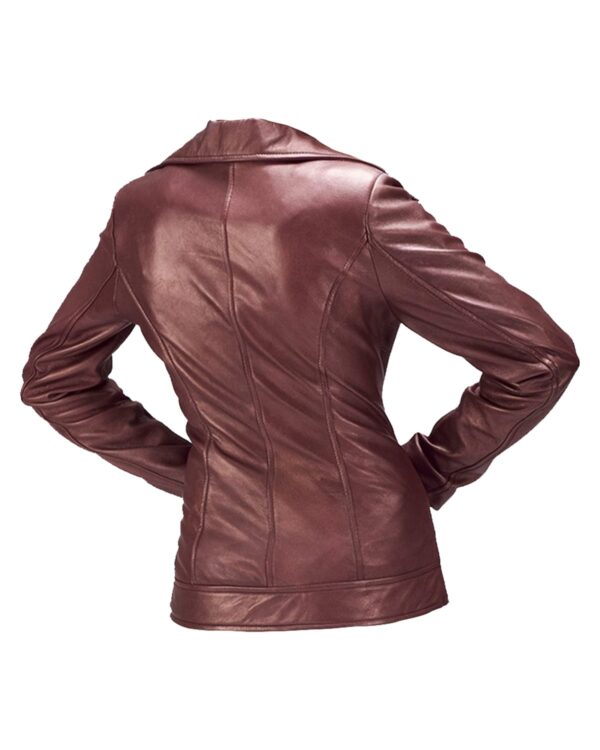 Women's Classic Biker Sheepskin Leather Jacket in Maroon - Image 3