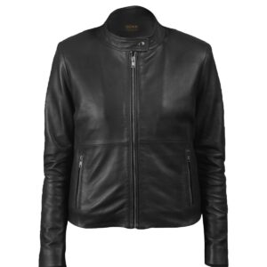 Women Classic Cafe Rider Sheepskin Leather Jacket Black