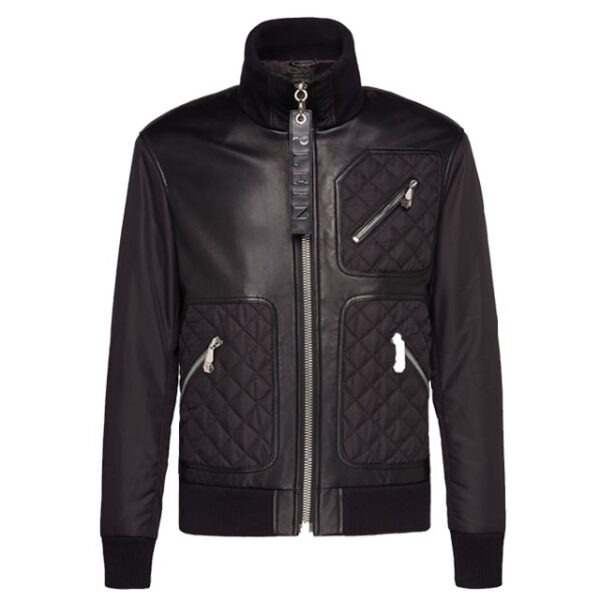 Black Biker Bomber Quilted Leather Jacket