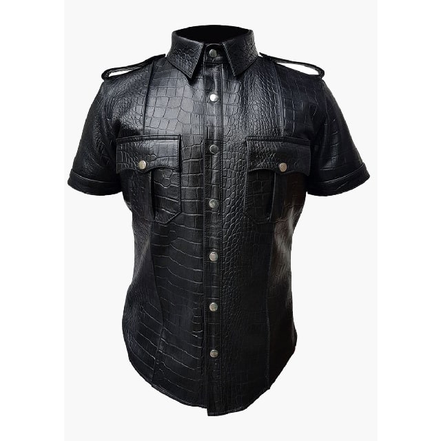 Black Men Police Uniform Crocodile Faux Leather Shirt