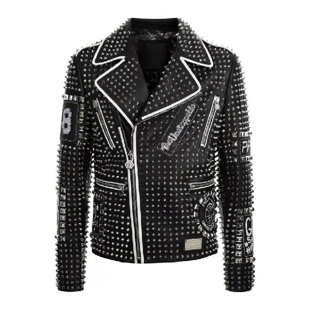 Black Embellished Studded Leather Jacket Biker