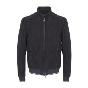 Men Navy Blue Biker Bomber Suede Leather Jacket