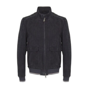 Men Navy Blue Biker Bomber Suede Leather Jacket