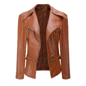 Chic Lapel Zipper Up Women’s Brown Leather Jacket