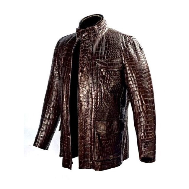 Brown Croco Print Faux Leather Jacket