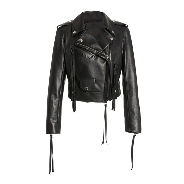 Cropped Black Leather Biker Jacket