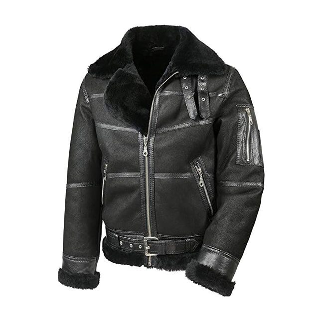 Mens Black Aviator Sheepskin Shearling Leather Jacket