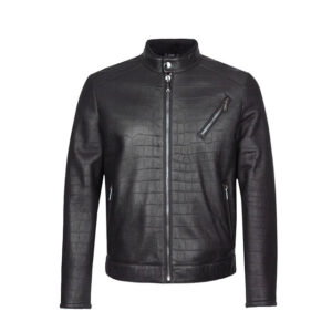 Men’s Black Crocodile Print Biker Motorcycle Faux Leather Jacket
