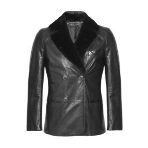 Black Shearling Trimmed Double Breasted Leather Coat