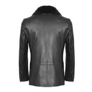 Black Shearling Trimmed Double Breasted Leather Coat