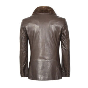 Brown Shearling Trimmed Double Breasted Leather Coat