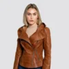 Sasha Womens Brown Hooded Leather Jacket - Image 3