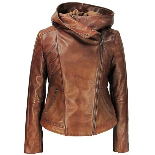 Sasha Womens Brown Hooded Leather Jacket