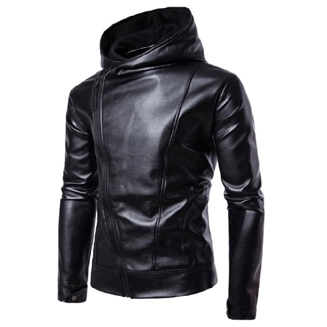 Men’s Fashion Slanted Leather Hooded Jacket