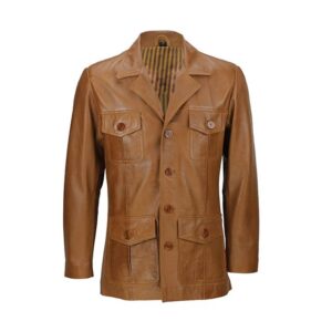 Tan Brown Vintage Military Style Leather Blazer