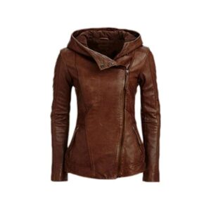 Women Brown Leather Hooded Jacket