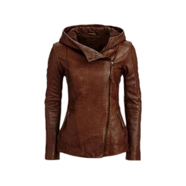 Women Brown Leather Hooded Jacket