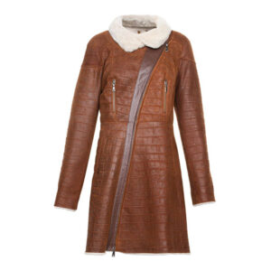 Brown Shearling Trimmed Long Fur Leather Coat