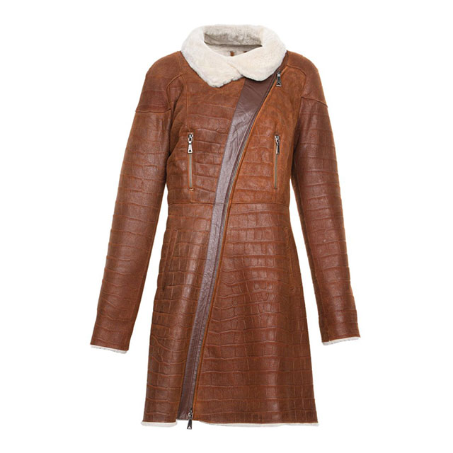 Brown Shearling Trimmed Long Faux Leather Coat