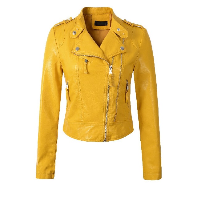 Yellow Slim Side Zipper Plain Women’s Jacket Leather