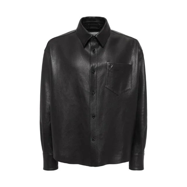 Black Boxy Fit Leather Overshirt for Men