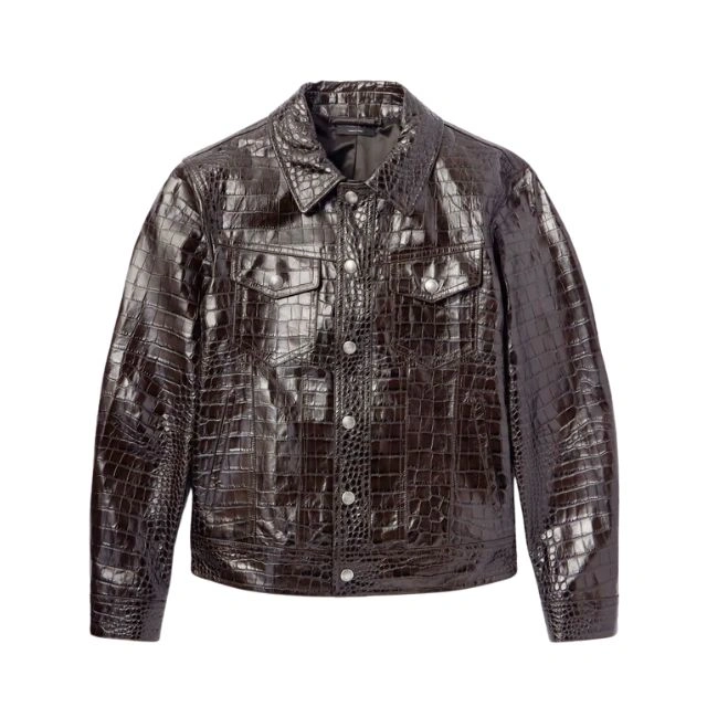 Black Crocodile Print Faux Leather Jacket for Men