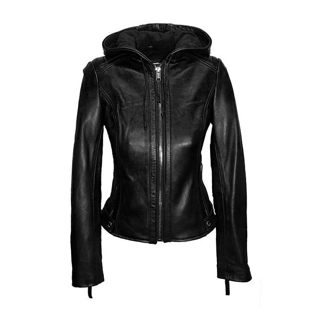 Womens Classic Biker Leather Jacket With Hoodie