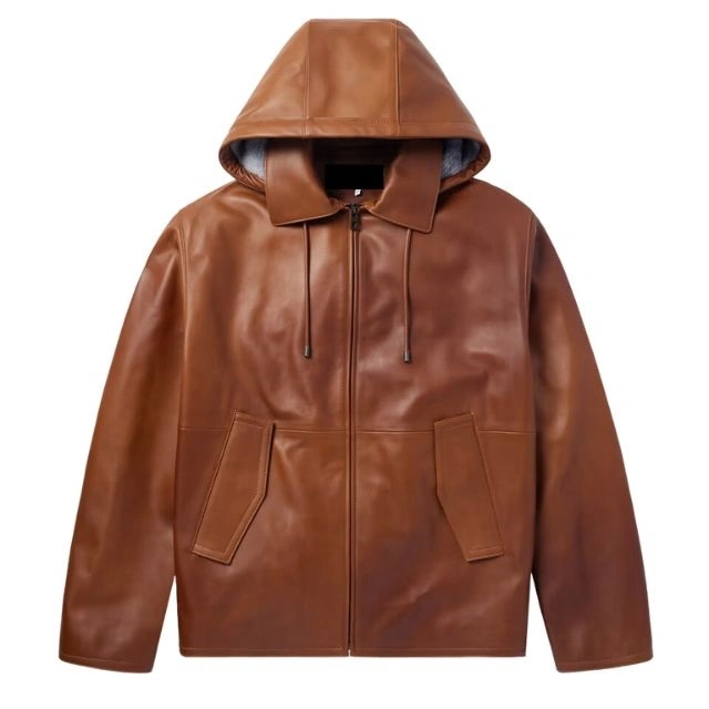 Brown Waxed Sheepskin Leather Drawstring Hoodie