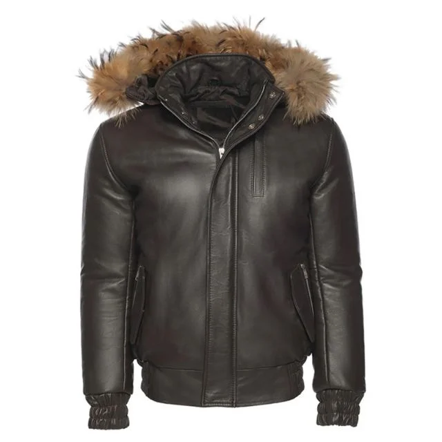 Men’s Brown Bomber Leather Jacket with Hood