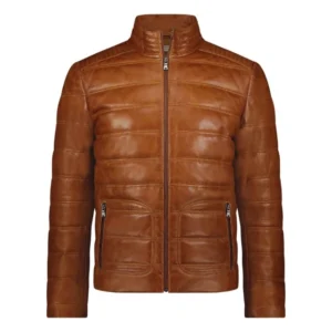 Men’s Cognac Quilted Puffer Leather Jacket