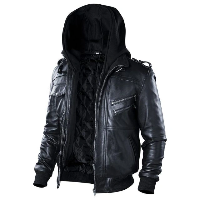 Black Real Leather Bomber Jacket with Hood