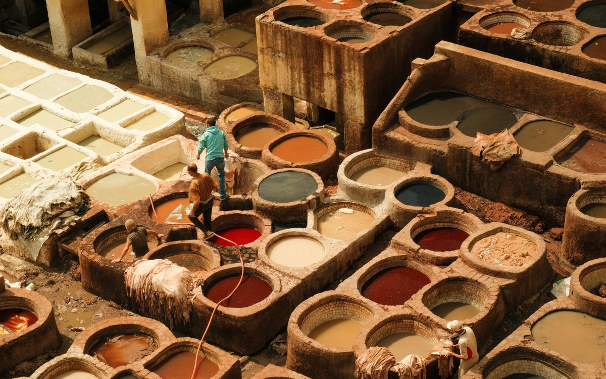 Traditional leather dyeing vats at a working tannery