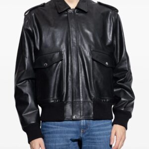 BUNERI Black Leather Bomber Jacket
