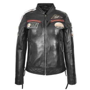 BUNERI Women’s Black Leather Cafe Racer Biker Jacket with Motorcycle Badges