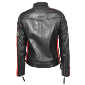BUNERI Women’s Black Leather Cafe Racer Biker Jacket with Motorcycle Badges