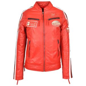 BUNERI Red Women’s Leather Cafe Racer Biker Jacket with Motorcycle Badges