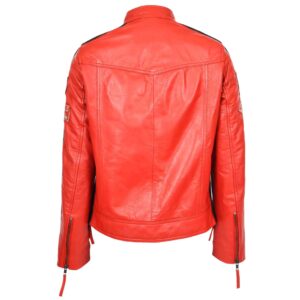 BUNERI Red Women’s Leather Cafe Racer Biker Jacket with Motorcycle Badges