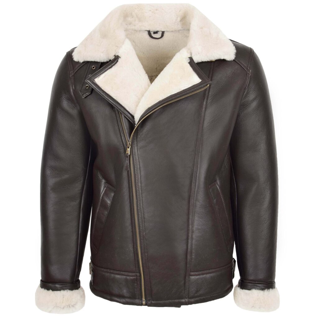 BUNERI Men's Aviator Sheepskin Pilot Jacket Brown White