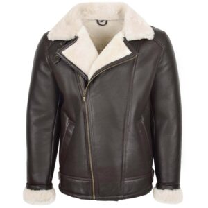BUNERI Men’s Aviator Sheepskin Pilot Jacket Brown White