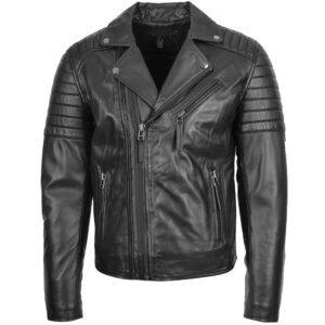 BUNERI Men’s Black Leather Biker Jacket with Dual Zip and Hook