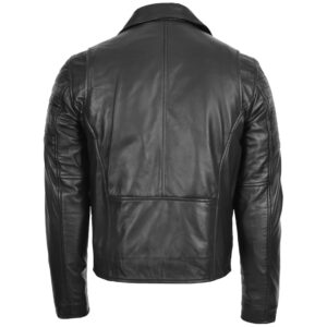 BUNERI Men’s Black Leather Biker Jacket with Dual Zip and Hook